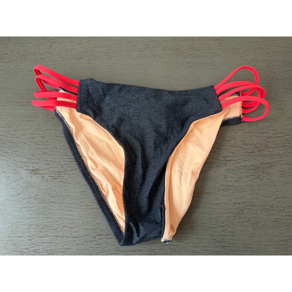 L Space Denim Print Strappy Bikini Bottoms Full Cut Blue Coral XS NWOT